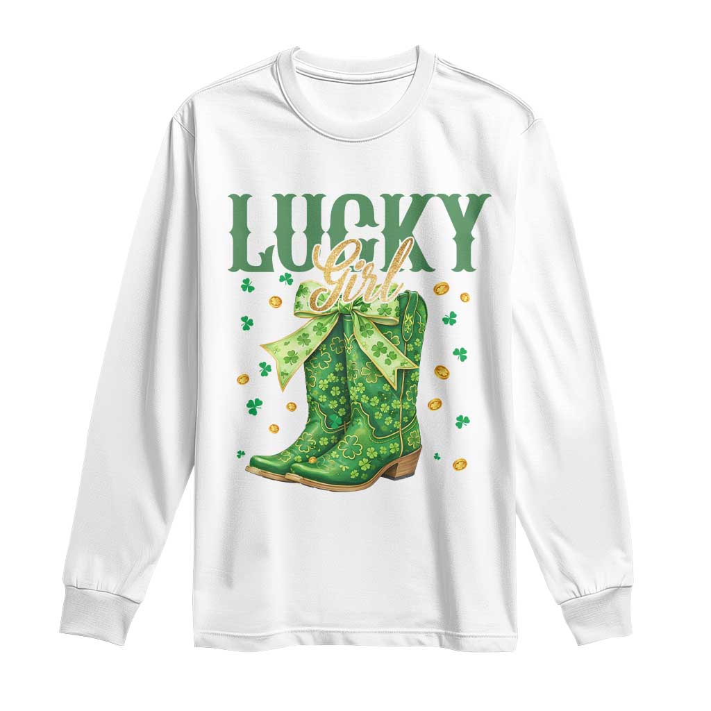 Cowboy St Patricks Day Long Sleeve Shirt - Lucky Girl Boots TS14 White Print Your Wear