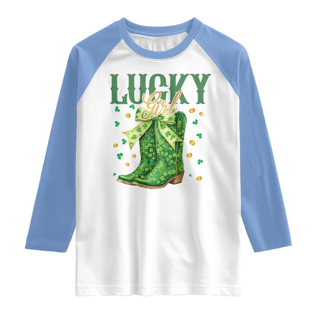 Cowboy St Patrick's Day Raglan Shirt Lucky Girl Boots TS14 White Carolina Blue Print Your Wear