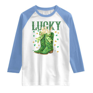 Cowboy St Patrick's Day Raglan Shirt Lucky Girl Boots TS14 White Carolina Blue Print Your Wear