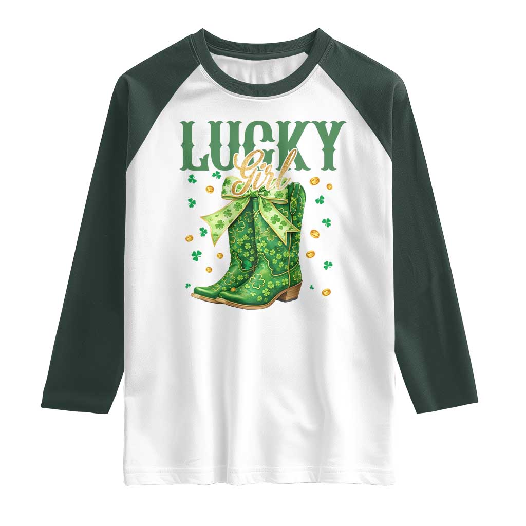 Cowboy St Patrick's Day Raglan Shirt Lucky Girl Boots TS14 White Dark Forest Green Print Your Wear
