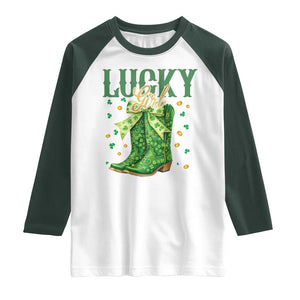 Cowboy St Patrick's Day Raglan Shirt Lucky Girl Boots TS14 White Dark Forest Green Print Your Wear