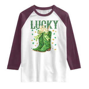 Cowboy St Patrick's Day Raglan Shirt Lucky Girl Boots TS14 White Maroon Print Your Wear