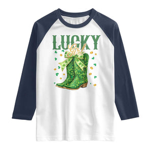Cowboy St Patrick's Day Raglan Shirt Lucky Girl Boots TS14 White Navy Print Your Wear
