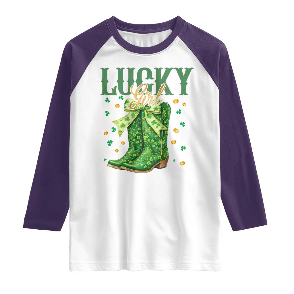 Cowboy St Patrick's Day Raglan Shirt Lucky Girl Boots TS14 White Purple Print Your Wear