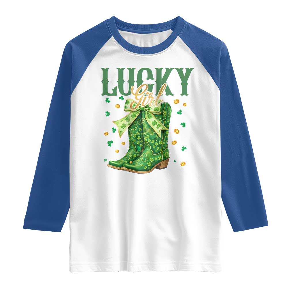 Cowboy St Patrick's Day Raglan Shirt Lucky Girl Boots TS14 White Royal Print Your Wear