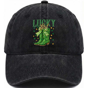Cowboy St Patrick's Day Washed Cotton Baseball Cap Lucky Girl Boots TS14 Washed Cap Universal Fit Black Print Your Wear