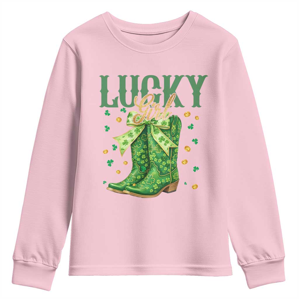 Cowboy St Patrick's Day Youth Sweatshirt Lucky Girl Boots TS14 Light Pink Print Your Wear