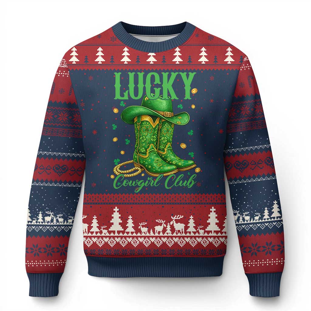 Lucky Cowgirl Club Ugly Christmas Sweater Western Irish Cowboy St Patrick Day TS14 Navy Red Print Your Wear