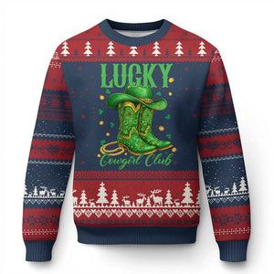 Lucky Cowgirl Club Ugly Christmas Sweater Western Irish Cowboy St Patrick Day TS14 Navy Red Print Your Wear