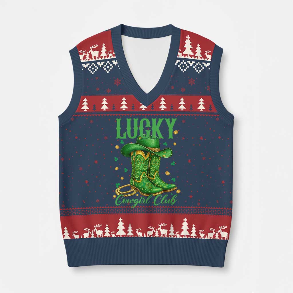 Lucky Cowgirl Club V-Neck Knit Sweater Vest Western Irish Cowboy St Patrick Day TS14 Navy Red Print Your Wear