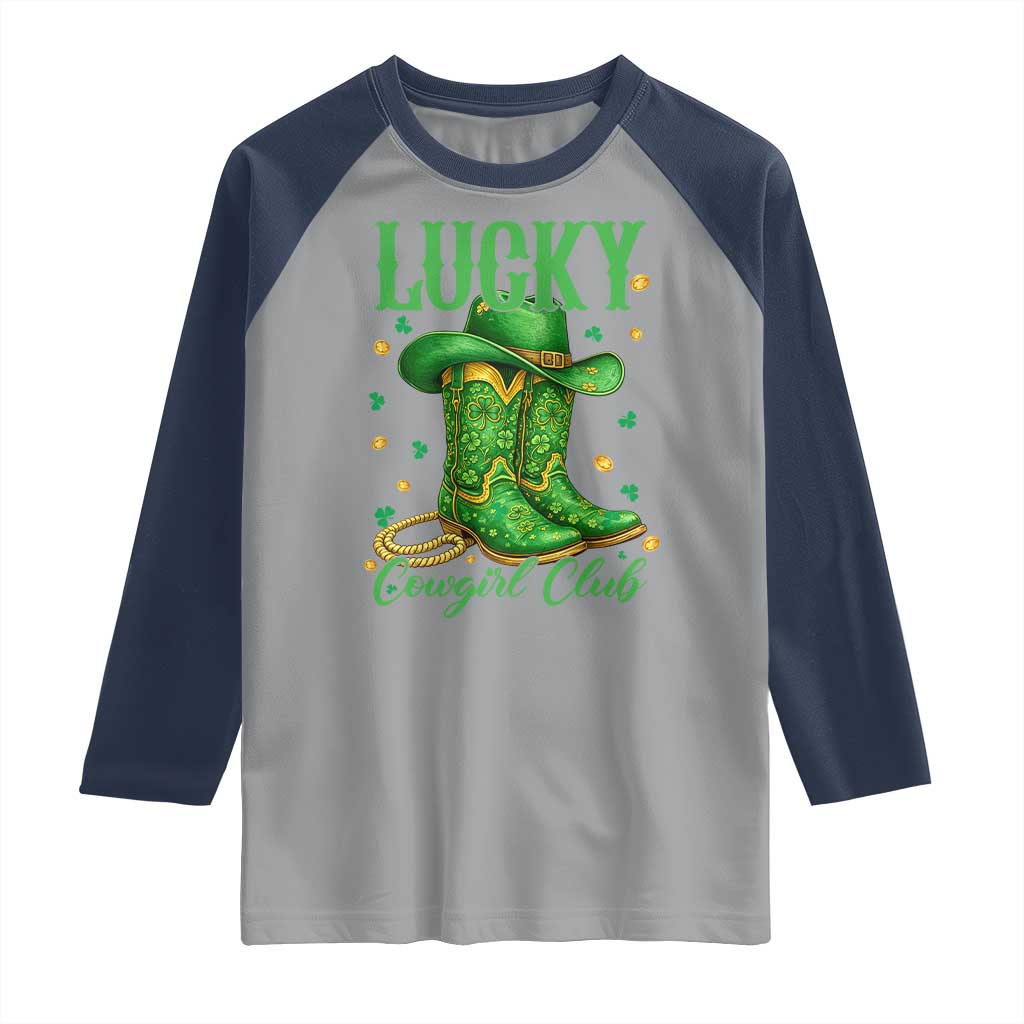 Lucky Cowgirl Club Raglan Shirt Western Irish Cowboy St Patrick Day TS14 Sport Gray Navy Print Your Wear
