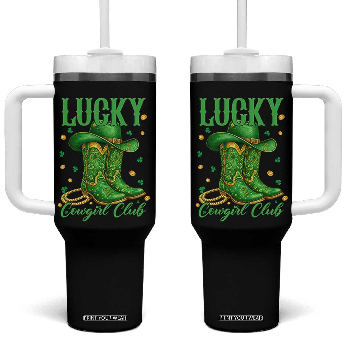 Lucky Cowgirl Club Tumbler With Handle Western Irish Cowboy St Patrick Day TS14 One Size: 40 oz Black Print Your Wear