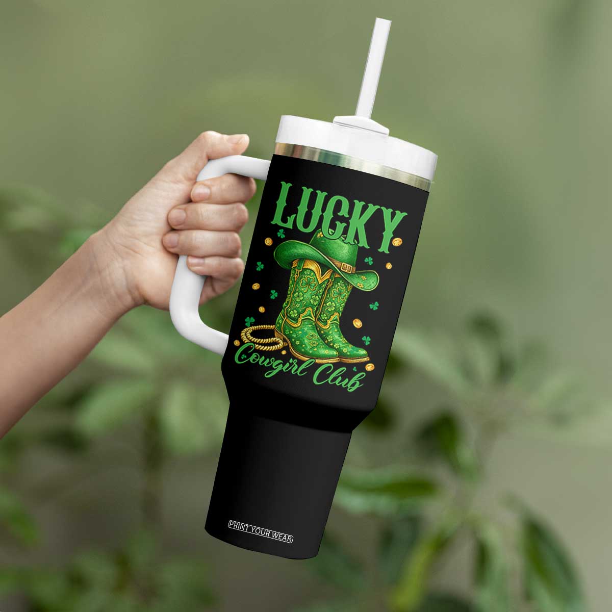 Lucky Cowgirl Club Tumbler With Handle Western Irish Cowboy St Patrick Day TS14 Print Your Wear