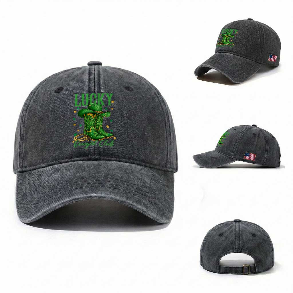 Lucky Cowgirl Club Washed Cotton Baseball Cap Western Irish Cowboy St Patrick Day TS14 Washed Cap Universal Fit Dark Gray Print Your Wear
