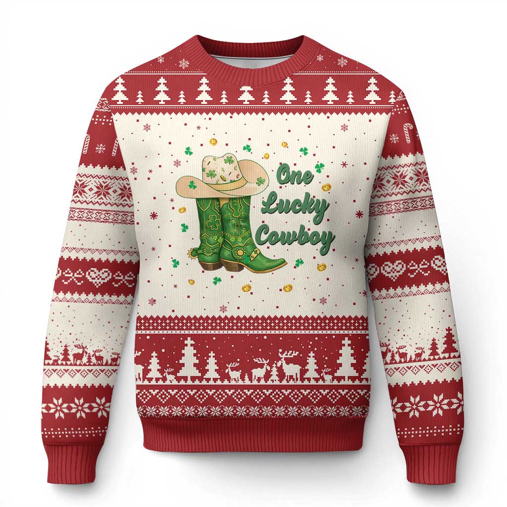 One Lucky Cowboy Ugly Christmas Sweater Western Irish Cowboy St Patrick Day TS14 Beige Red Print Your Wear