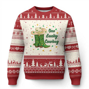 One Lucky Cowboy Ugly Christmas Sweater Western Irish Cowboy St Patrick Day TS14 Beige Red Print Your Wear