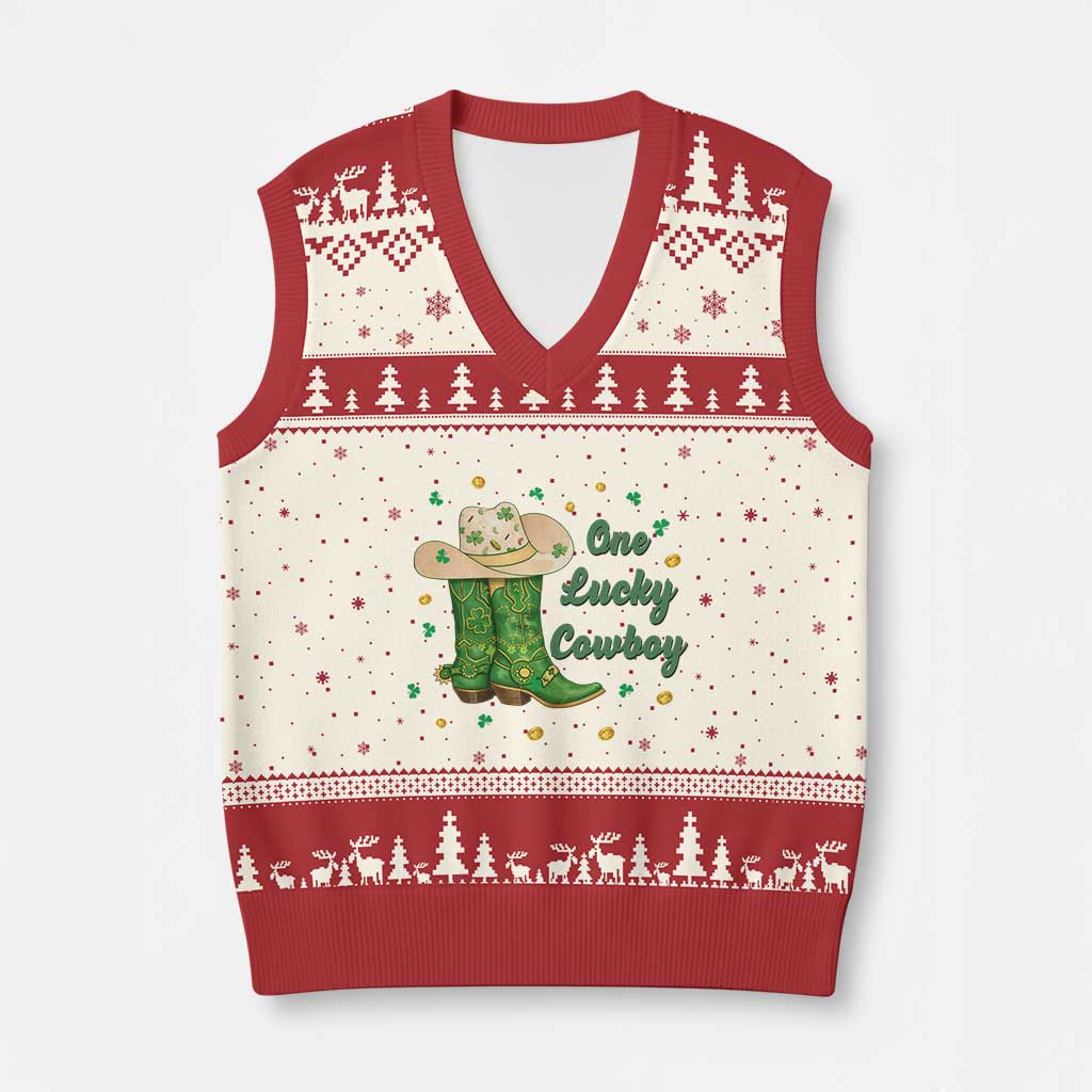 One Lucky Cowboy V-Neck Knit Sweater Vest Western Irish Cowboy St Patrick Day TS14 Beige Red Print Your Wear