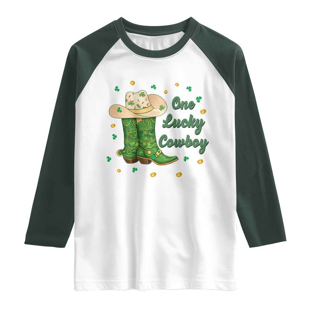 One Lucky Cowboy Raglan Shirt Western Irish Cowboy St Patrick Day TS14 White Dark Forest Green Print Your Wear