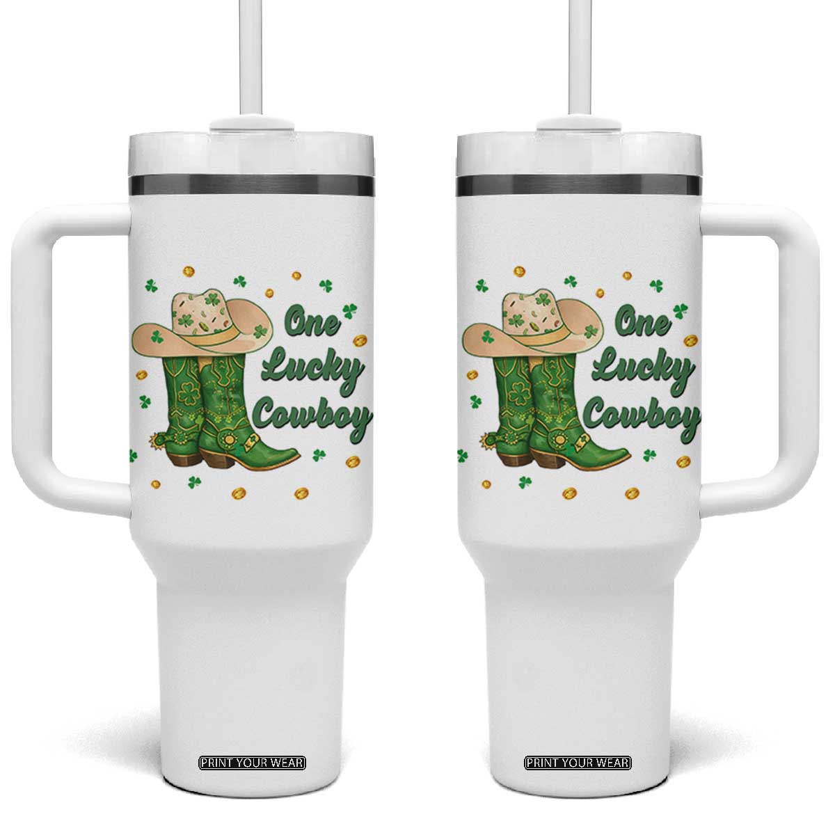 One Lucky Cowboy Tumbler With Handle Western Irish Cowboy St Patrick Day TS14 One Size: 40 oz White Print Your Wear