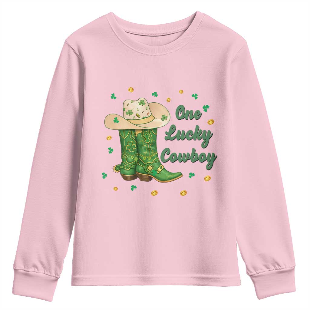 One Lucky Cowboy Youth Sweatshirt Western Irish Cowboy St Patrick Day TS14 Light Pink Print Your Wear
