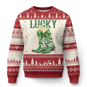 Lucky Cowgirl Ugly Christmas Sweater Western Irish Cowboy St Patrick Day TS14 Beige Red Print Your Wear