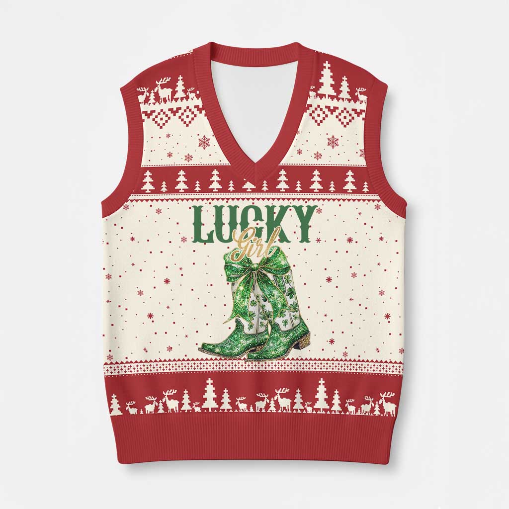 Lucky Cowgirl V-Neck Knit Sweater Vest Western Irish Cowboy St Patrick Day TS14 Beige Red Print Your Wear