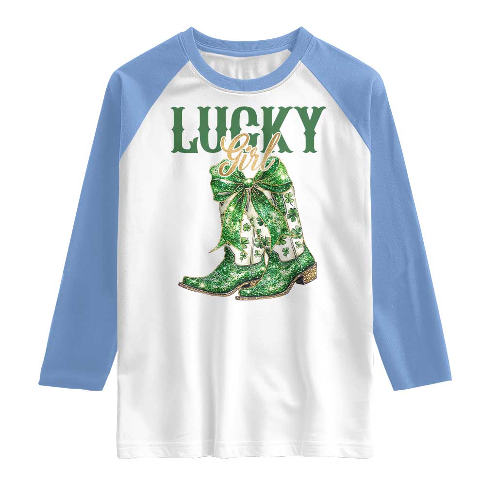 Lucky Cowgirl Raglan Shirt Western Irish Cowboy St Patrick Day TS14 White Carolina Blue Print Your Wear