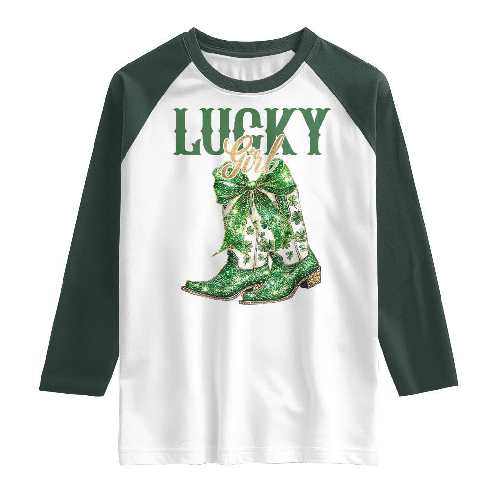 Lucky Cowgirl Raglan Shirt Western Irish Cowboy St Patrick Day TS14 White Dark Forest Green Print Your Wear