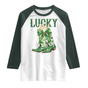 Lucky Cowgirl Raglan Shirt Western Irish Cowboy St Patrick Day TS14 White Dark Forest Green Print Your Wear