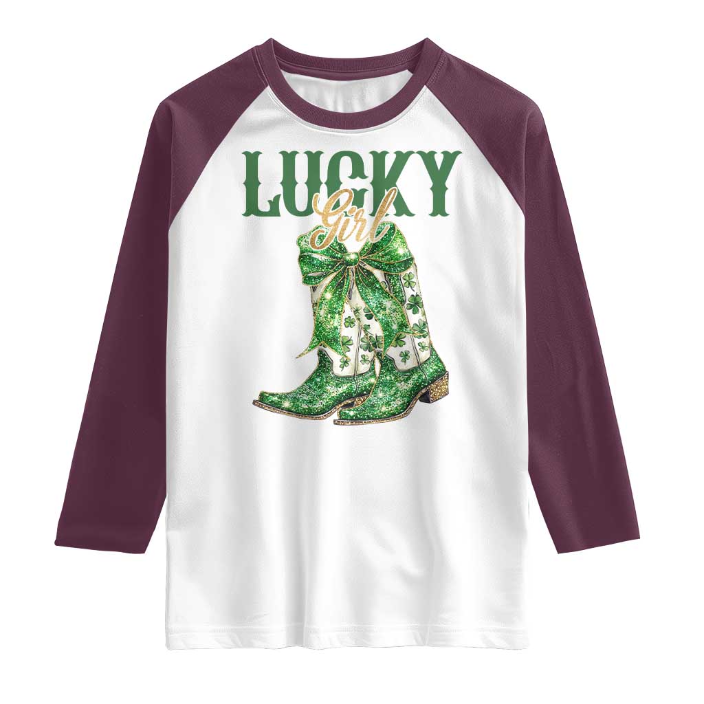 Lucky Cowgirl Raglan Shirt Western Irish Cowboy St Patrick Day TS14 White Maroon Print Your Wear