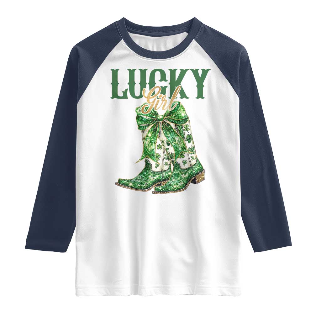 Lucky Cowgirl Raglan Shirt Western Irish Cowboy St Patrick Day TS14 White Navy Print Your Wear