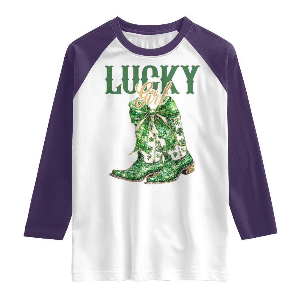 Lucky Cowgirl Raglan Shirt Western Irish Cowboy St Patrick Day TS14 White Purple Print Your Wear
