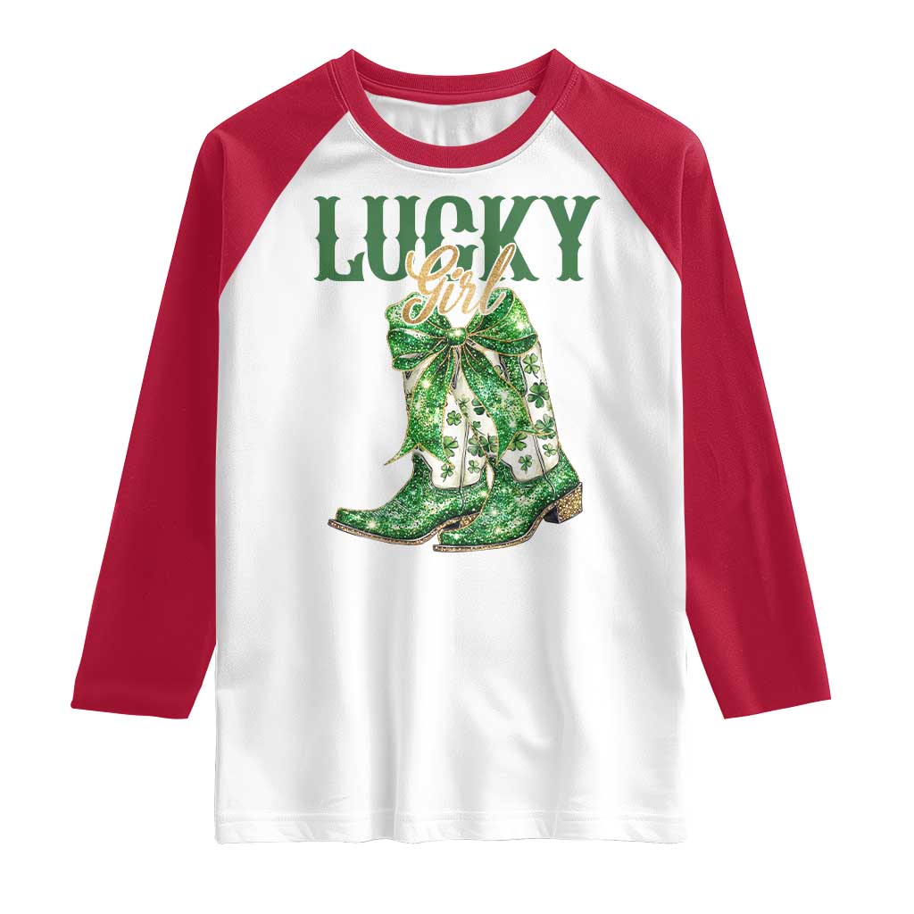 Lucky Cowgirl Raglan Shirt Western Irish Cowboy St Patrick Day TS14 White Red Print Your Wear
