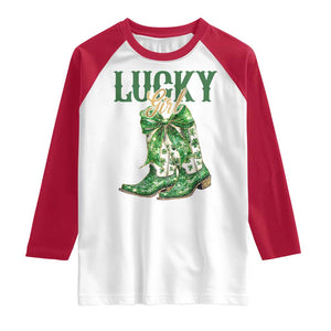 Lucky Cowgirl Raglan Shirt Western Irish Cowboy St Patrick Day TS14 White Red Print Your Wear