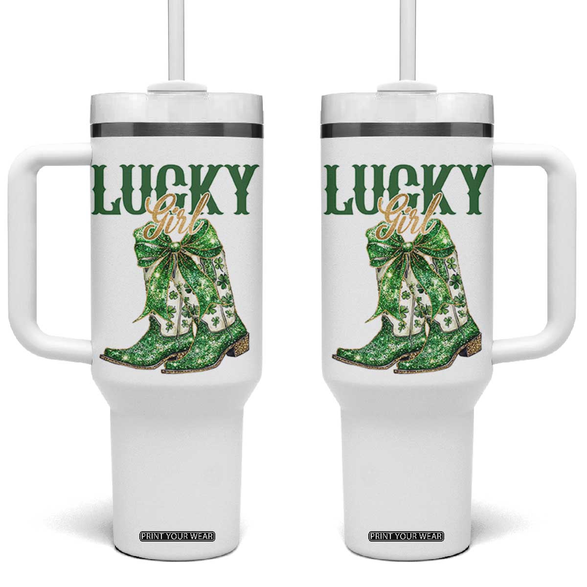 Lucky Cowgirl Tumbler With Handle Western Irish Cowboy St Patrick Day TS14 One Size: 40 oz White Print Your Wear