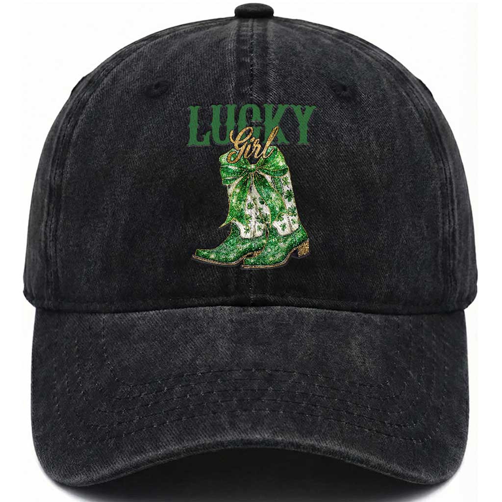 Lucky Cowgirl Washed Cotton Baseball Cap Western Irish Cowboy St Patrick Day TS14 Washed Cap Universal Fit Black Print Your Wear