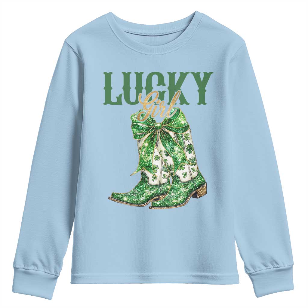 Lucky Cowgirl Youth Sweatshirt Western Irish Cowboy St Patrick Day TS14 Light Blue Print Your Wear