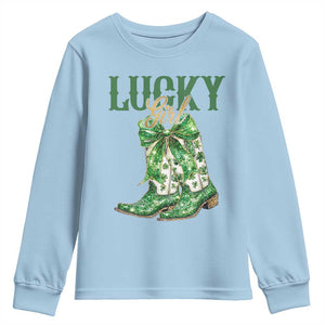 Lucky Cowgirl Youth Sweatshirt Western Irish Cowboy St Patrick Day TS14 Light Blue Print Your Wear