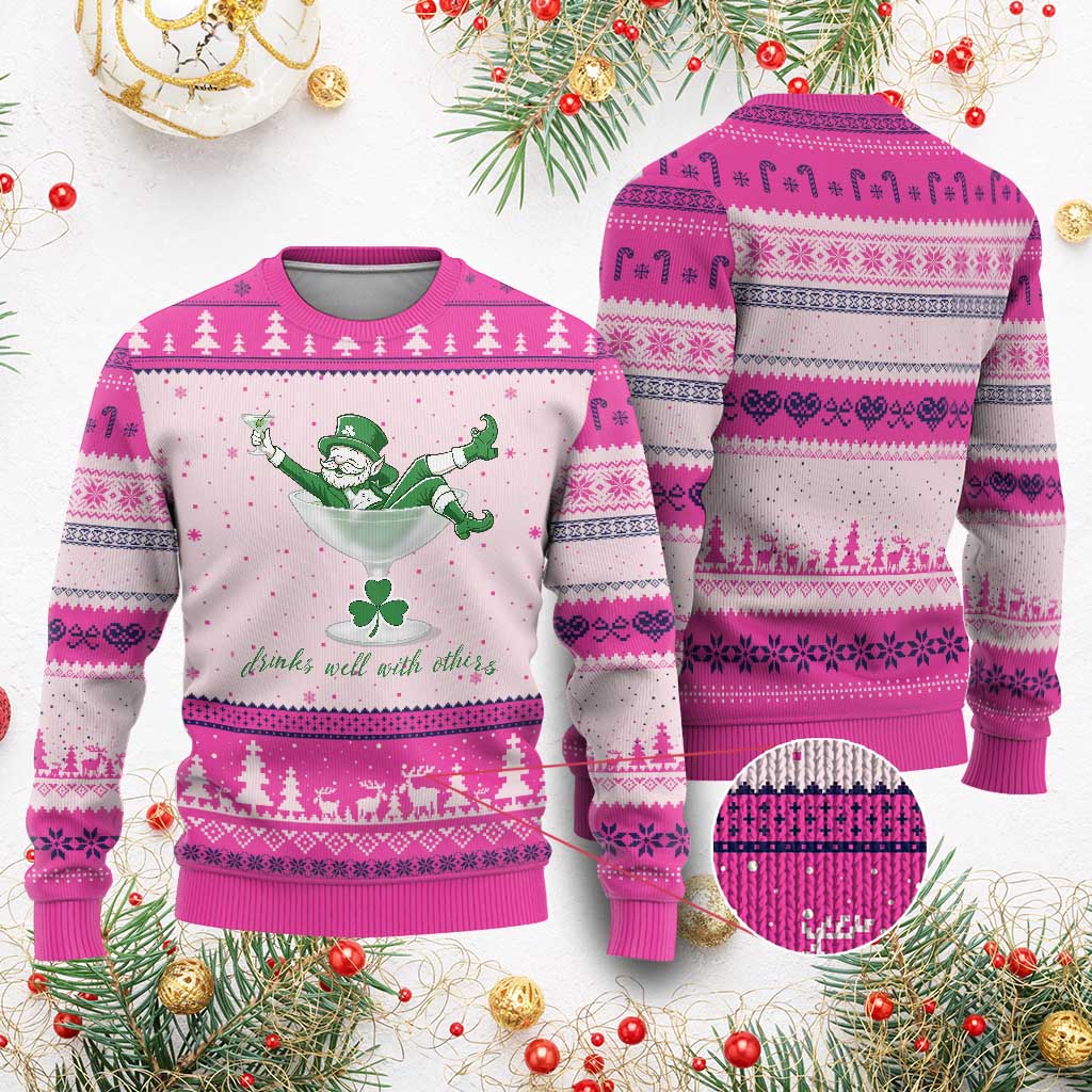 Drink Well With Others Ugly Christmas Sweater Funny Leprechaun Drinking Green Beer Shamrock TS14 Hot Pink Print Your Wear