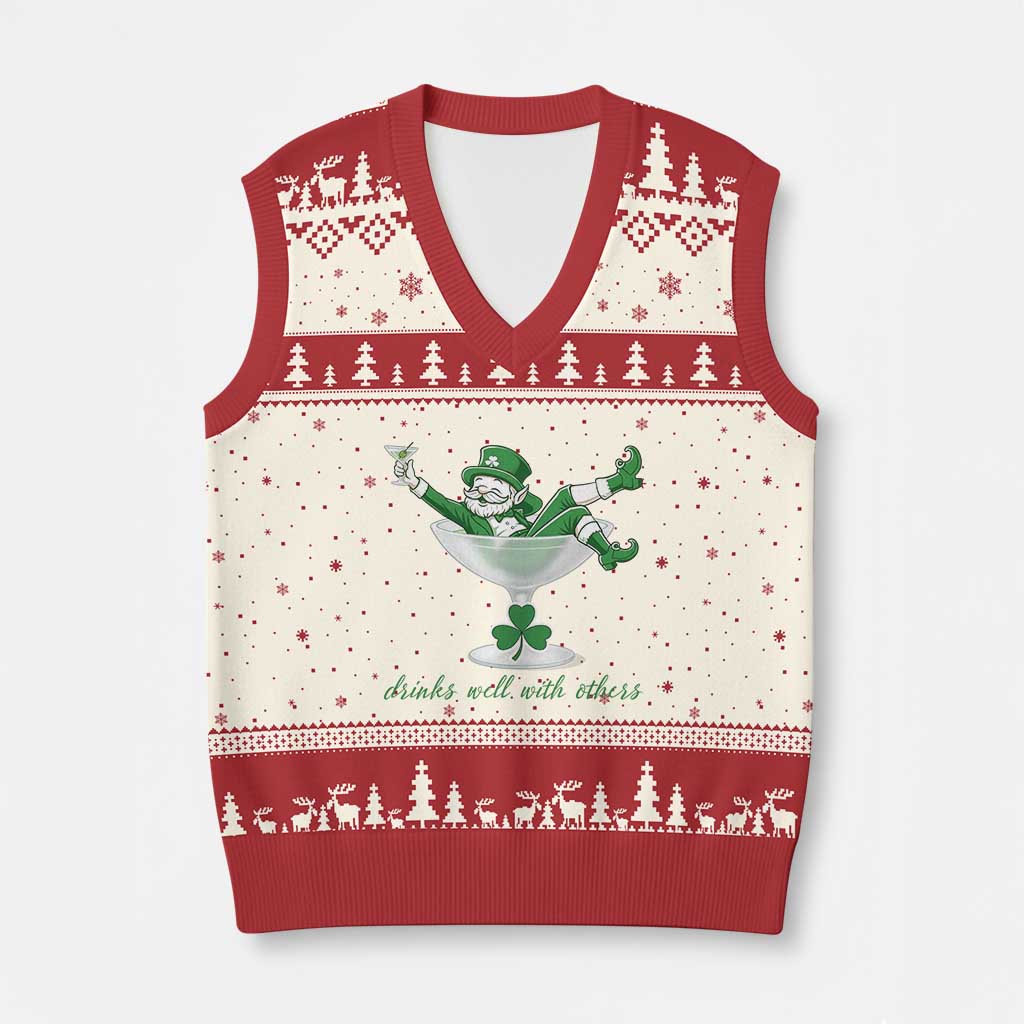 Drink Well With Others V-Neck Knit Sweater Vest Funny Leprechaun Drinking Green Beer Shamrock TS14 Beige Red Print Your Wear