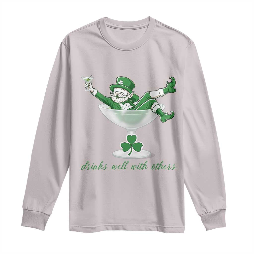 Drink Well With Others Long Sleeve Shirt Funny Leprechaun Drinking Green Beer Shamrock TS14 Ice Gray Print Your Wear