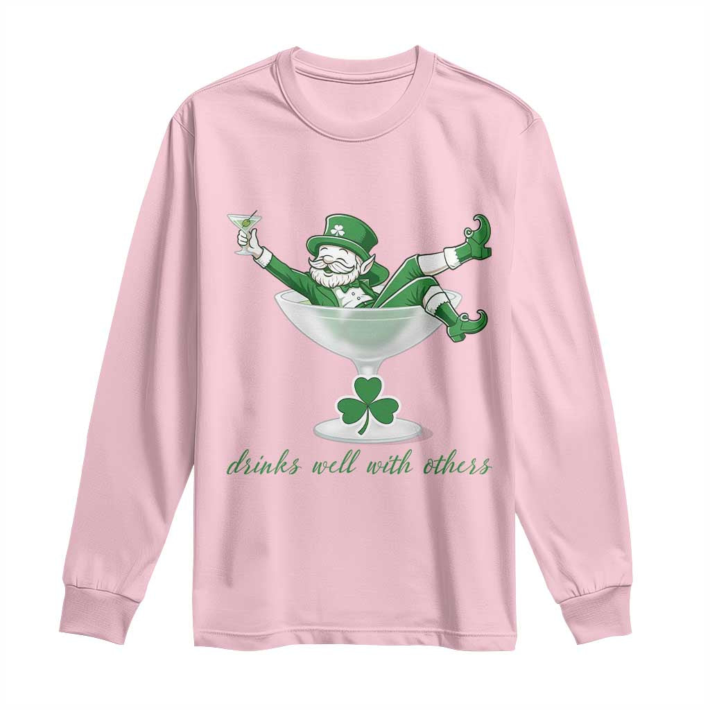 Drink Well With Others Long Sleeve Shirt Funny Leprechaun Drinking Green Beer Shamrock TS14 Light Pink Print Your Wear