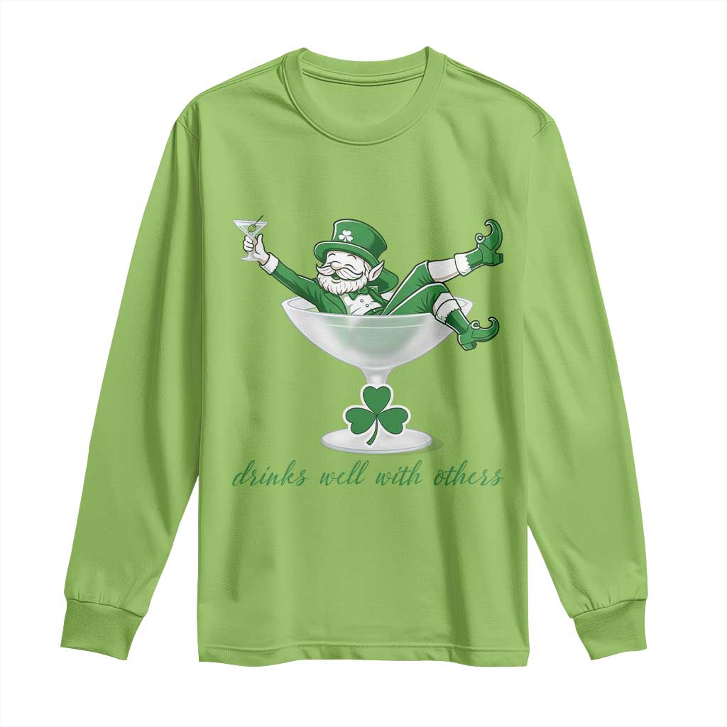 Drink Well With Others Long Sleeve Shirt Funny Leprechaun Drinking Green Beer Shamrock TS14 Lime Print Your Wear