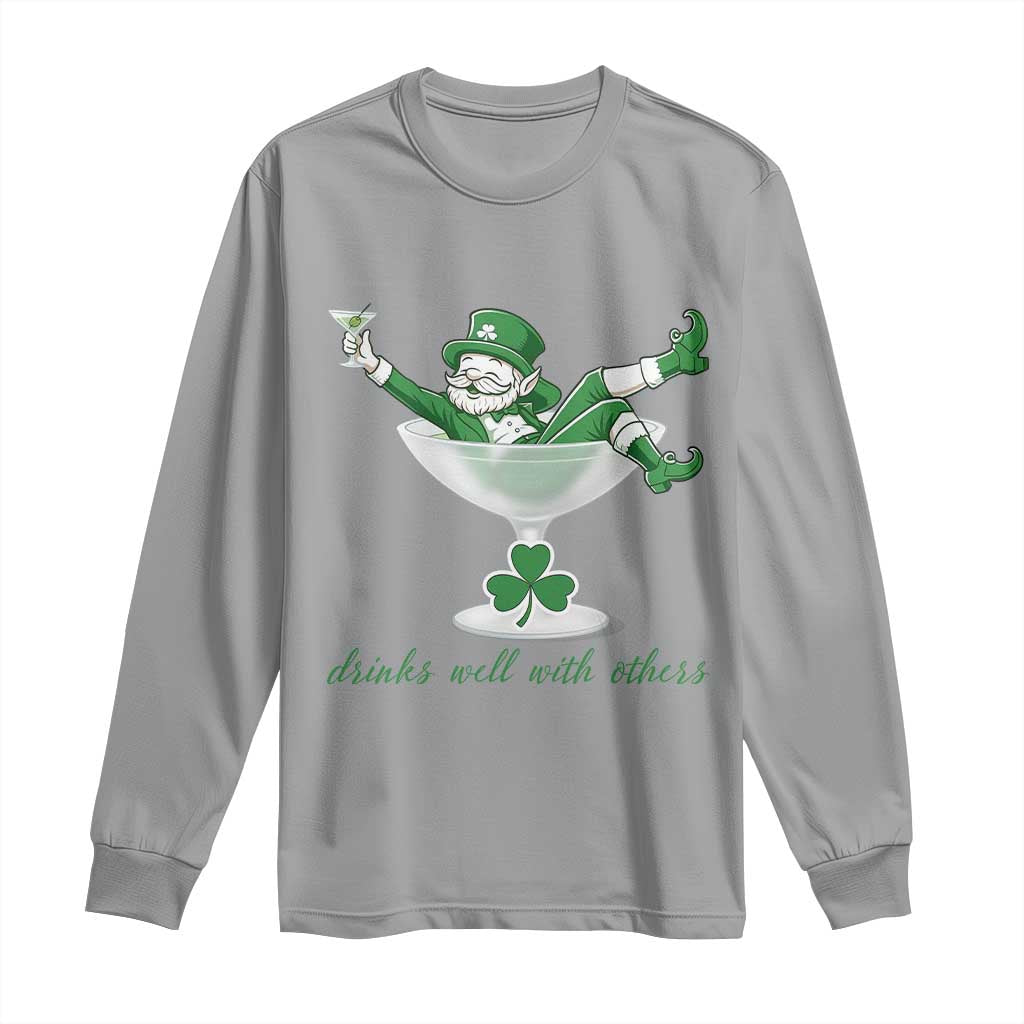 Drink Well With Others Long Sleeve Shirt Funny Leprechaun Drinking Green Beer Shamrock TS14 Sport Gray Print Your Wear