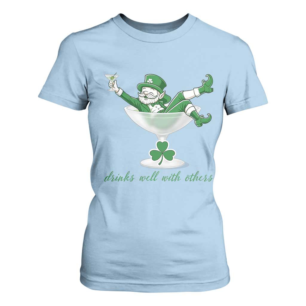 Drink Well With Others T Shirt For Women Funny Leprechaun Drinking Green Beer Shamrock TS14 Light Blue Print Your Wear