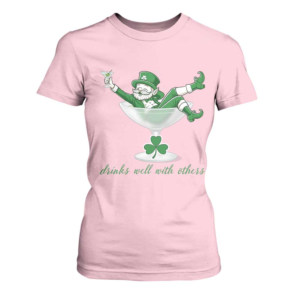Drink Well With Others T Shirt For Women Funny Leprechaun Drinking Green Beer Shamrock TS14 Light Pink Print Your Wear