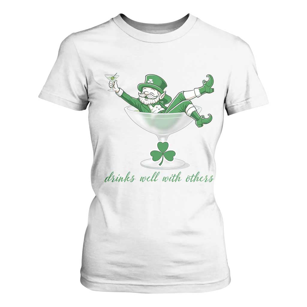Drink Well With Others T Shirt For Women Funny Leprechaun Drinking Green Beer Shamrock TS14 White Print Your Wear