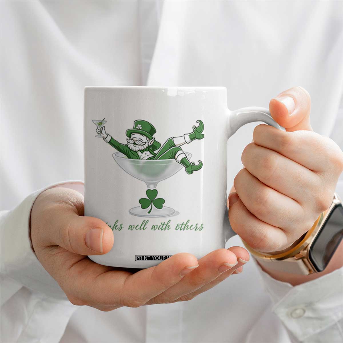 Drink Well With Others Coffee Mug Funny Leprechaun Drinking Green Beer Shamrock TS14 Print Your Wear