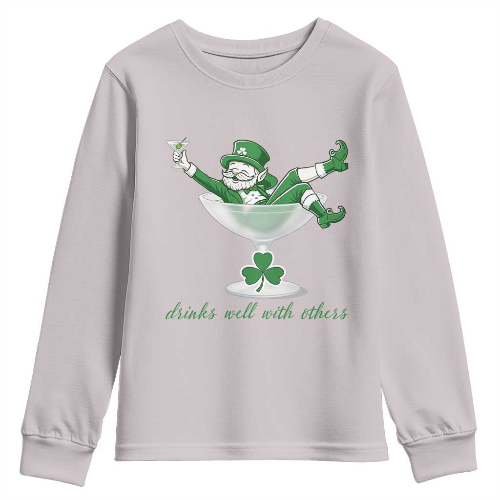 Drink Well With Others Youth Sweatshirt Funny Leprechaun Drinking Green Beer Shamrock TS14 Ice Gray Print Your Wear