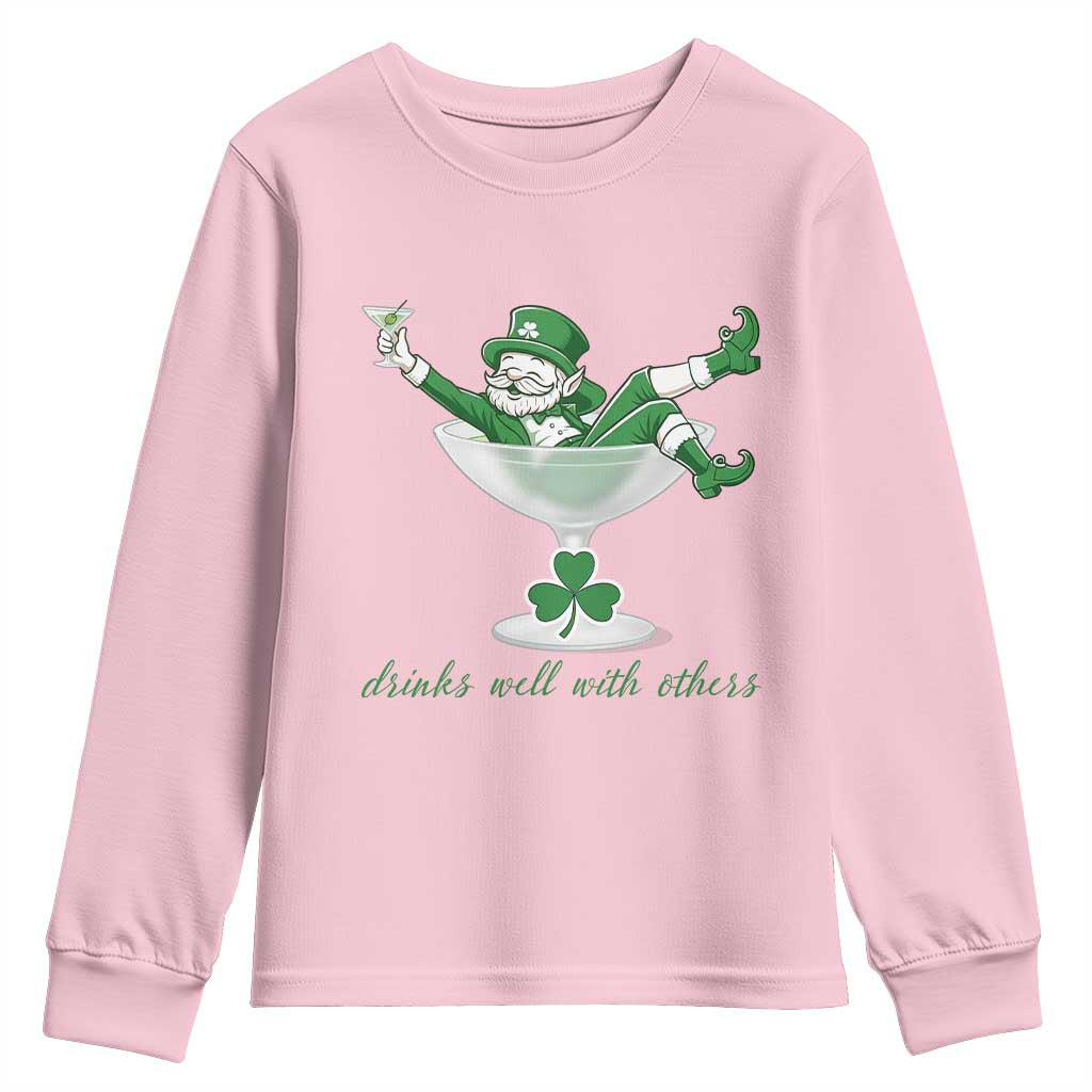 Drink Well With Others Youth Sweatshirt Funny Leprechaun Drinking Green Beer Shamrock TS14 Light Pink Print Your Wear